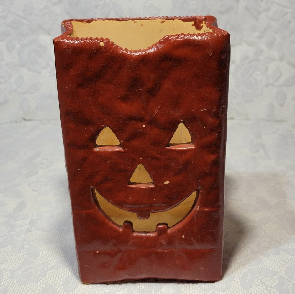 Vintage Terracotta Paper Bag Jack-O’-Lantern Candle Holder 10″ Rustic Halloween